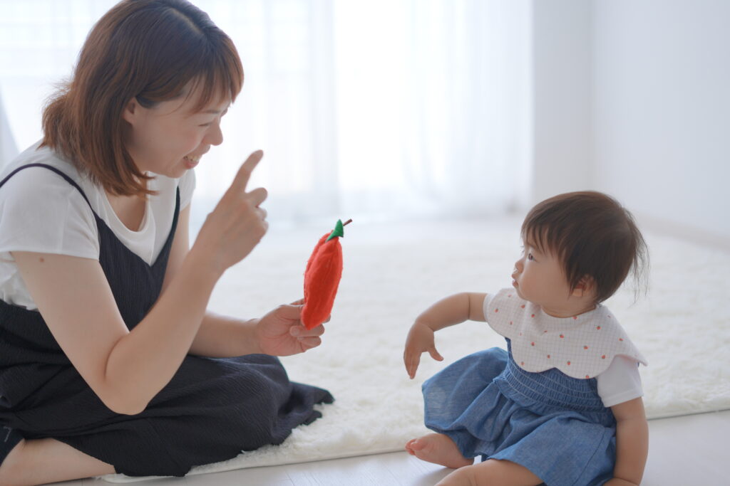 ファーストサインのレッスンでママが赤ちゃんにおもちゃを見せながら手のサインで語りかけている様子